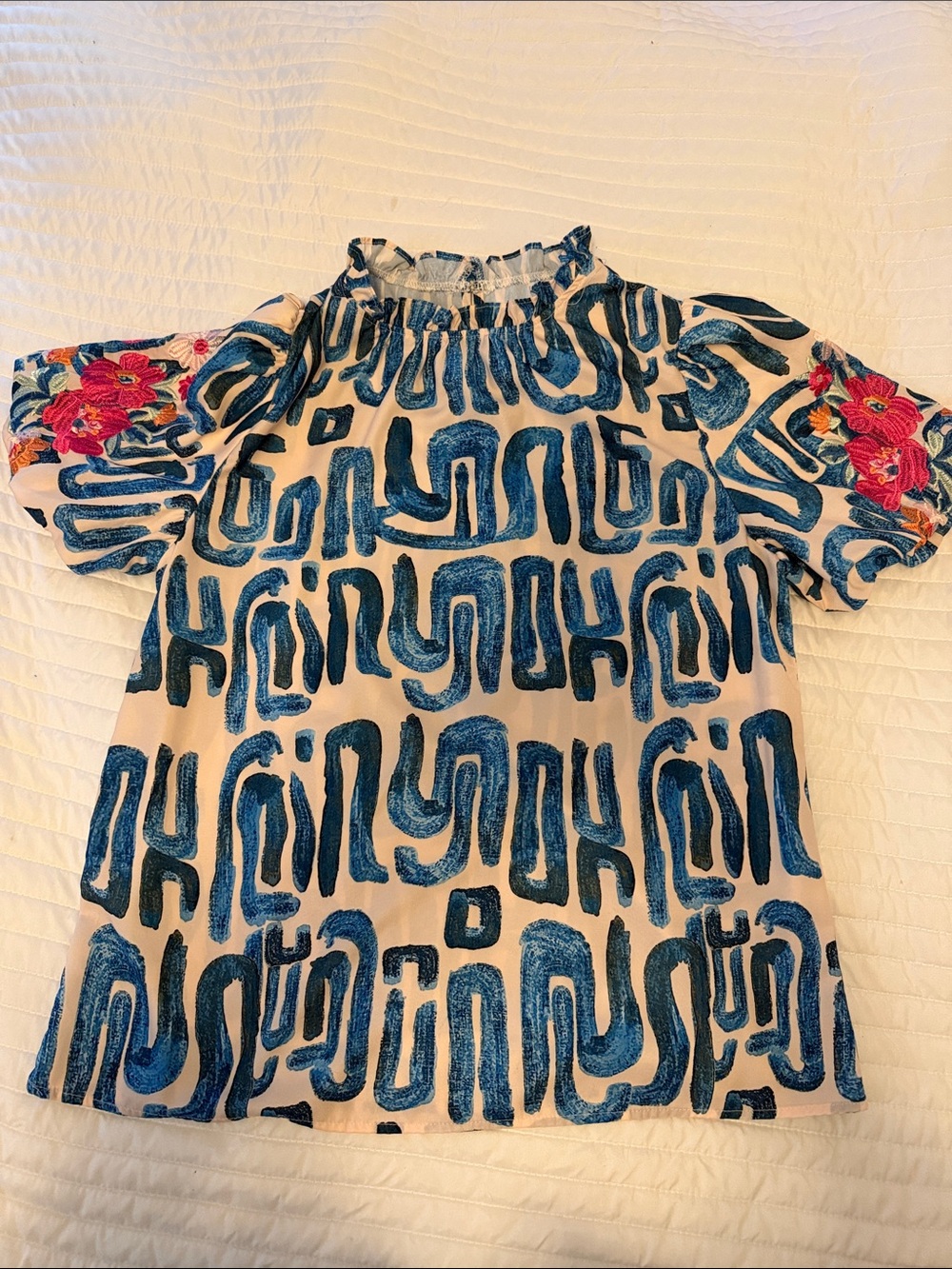 Women’s Cream Top with Blue Abstract Print and Pink Floral Sleeves